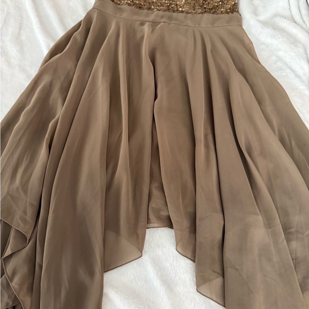 Venus Gold Sequins Chiffon Asymmetrical High Low Hem Lined Dress 2 - Picture 3 of 8